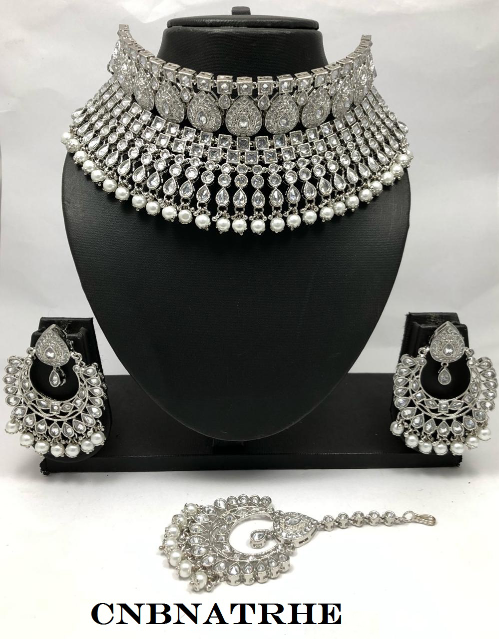 Indian White Bridal Pearl Bollywood Wedding Stylish Jewelry Gold Plated Diamond Zircon White Kundan Necklace Earrings With Maangtikka White