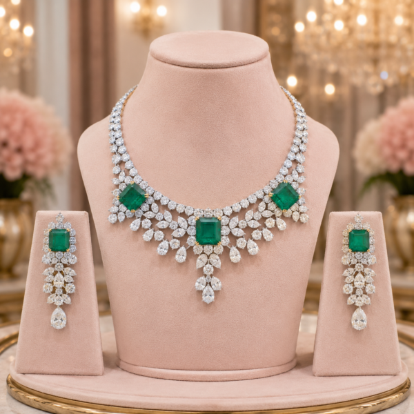 American Diamond Emerald Necklace Set Manufacturer India