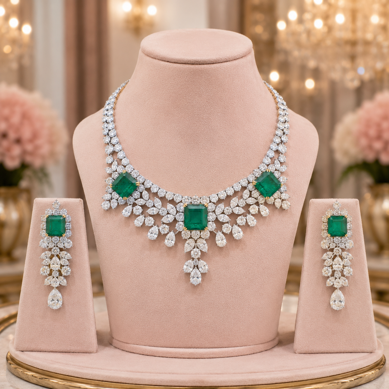 American Diamond Emerald Necklace Set Manufacturer India