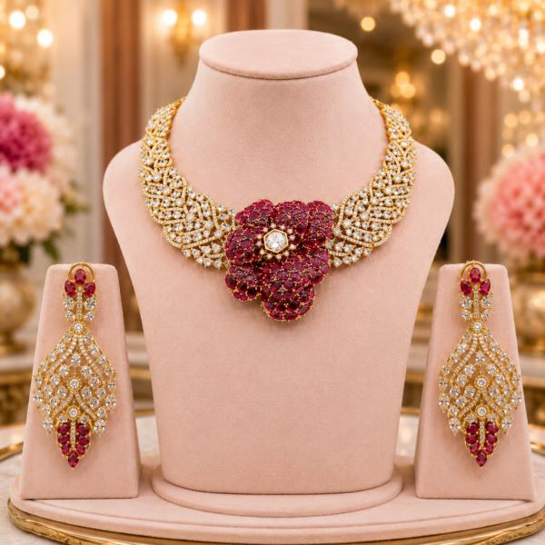 American Diamond Necklace Set with matching earrings by a leading manufacturer in India.